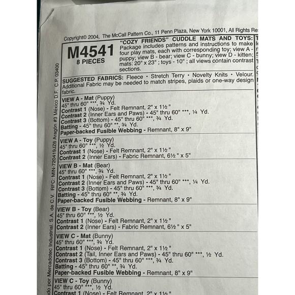 McCalls 4541 pattern plush puppy bear bunny kitten cuddle mat - Picture 4 of 6